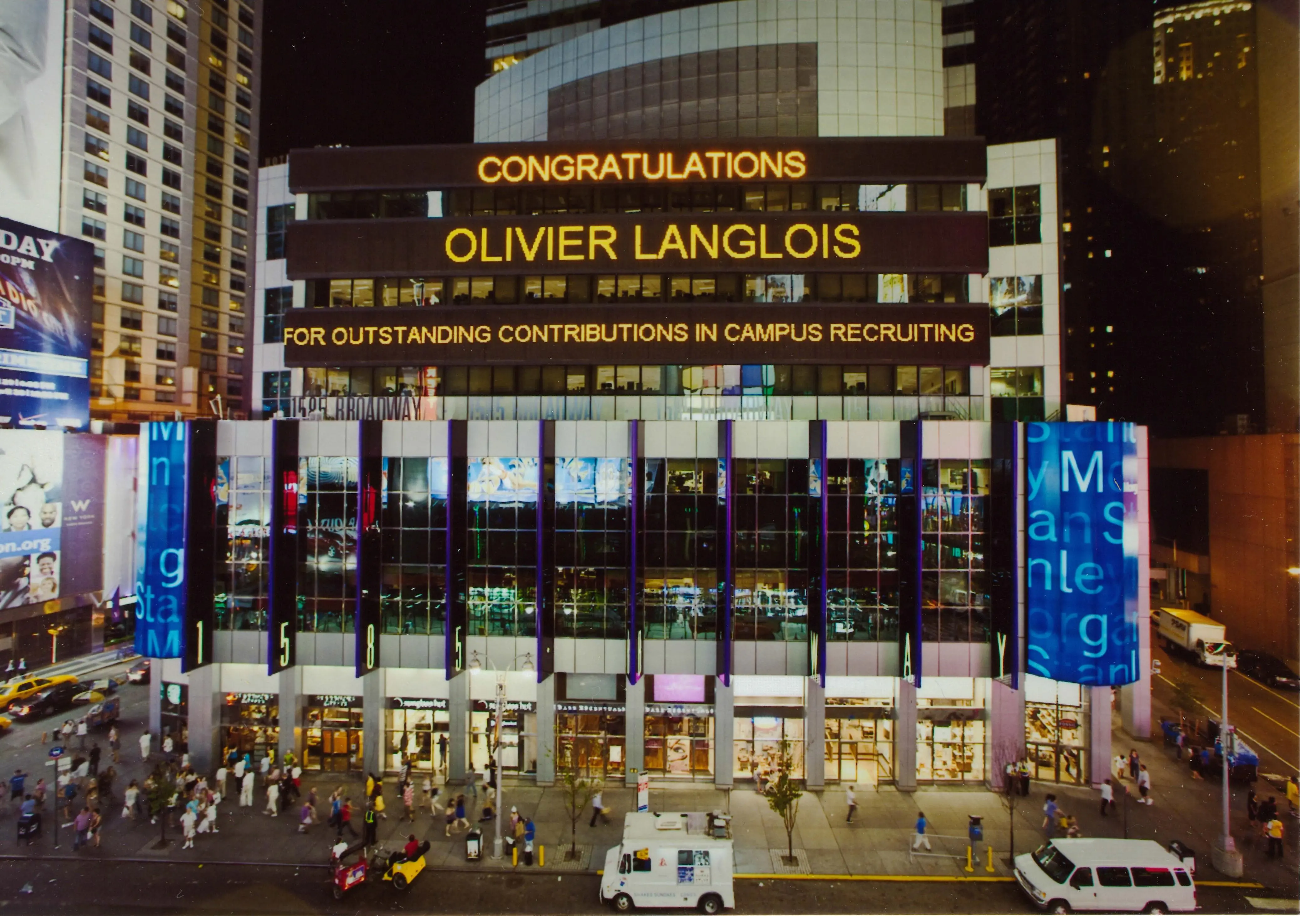 Olivier Langlois name on Morgan Stanley Times Square NYC ticker